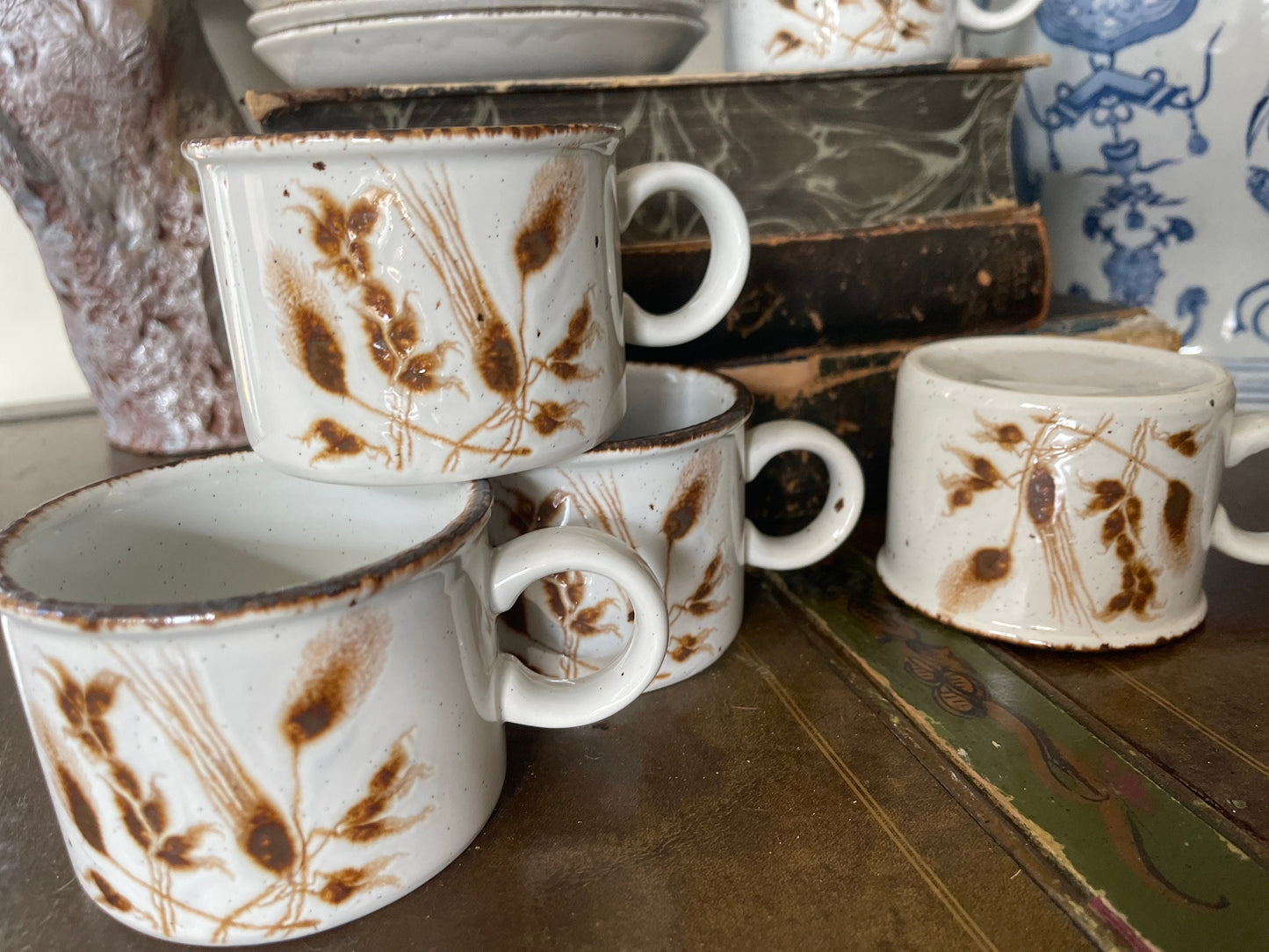 Set of Mugs and Saucers in English Wild Oats Stonehenge Midwinter Stoneware Pattern