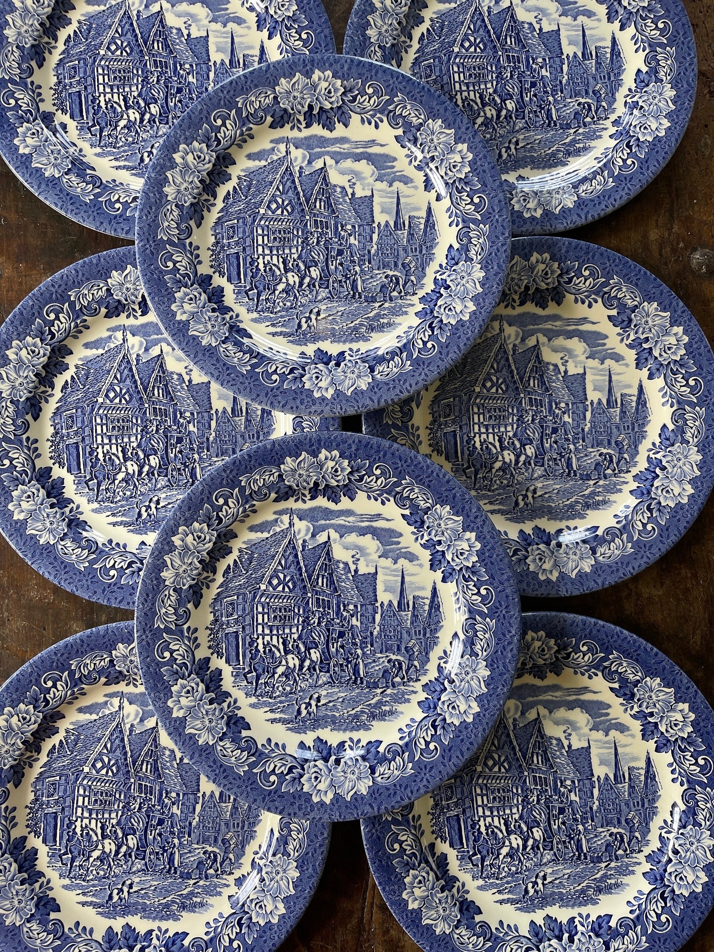 Set of Eight (8) English Ironstone Blue and White Dickens Series 10.25” Plates