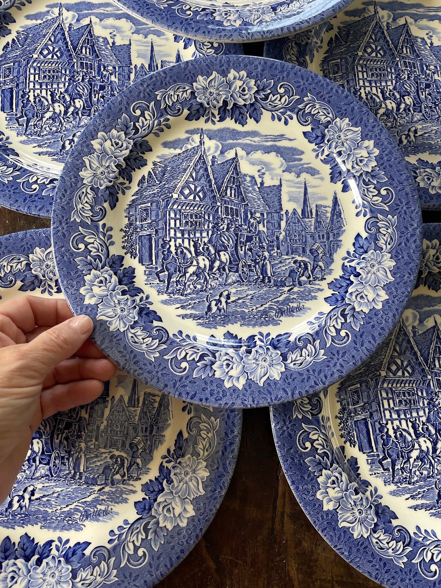 Set of Eight (8) English Ironstone Blue and White Dickens Series 10.25” Plates