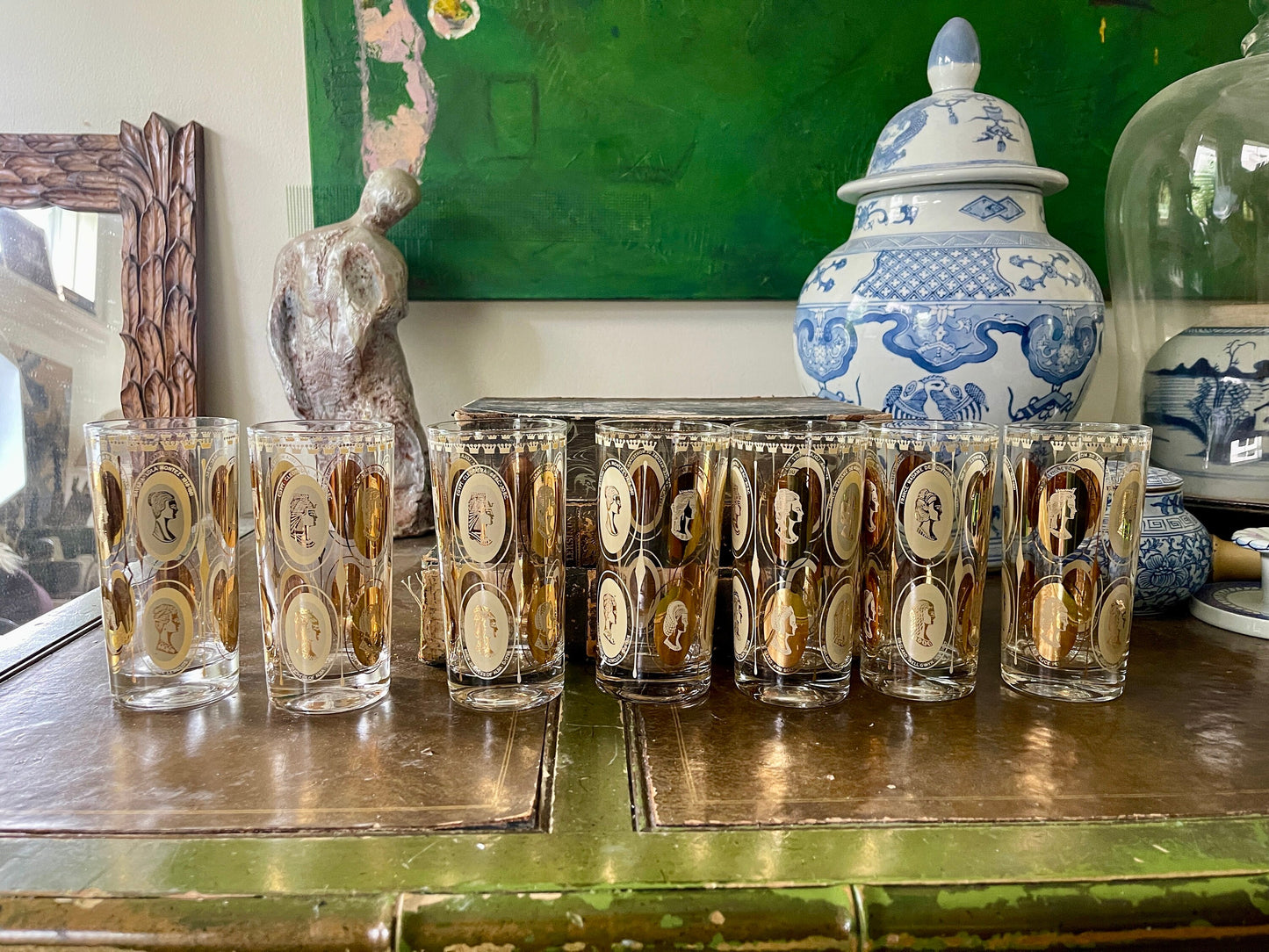 Set of Seven (7) MCM Gold Royal Ladies Cocktail Tall Boy Glasses or Tumblers