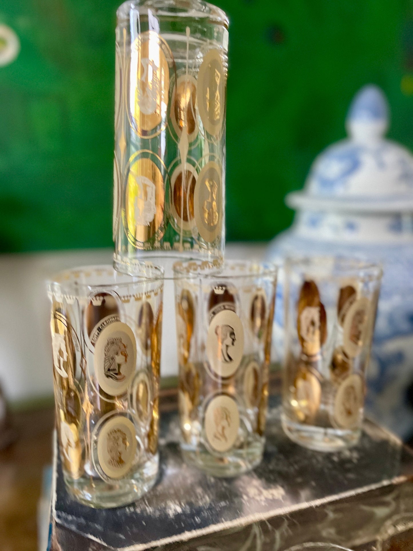 Set of Seven (7) MCM Gold Royal Ladies Cocktail Tall Boy Glasses or Tumblers