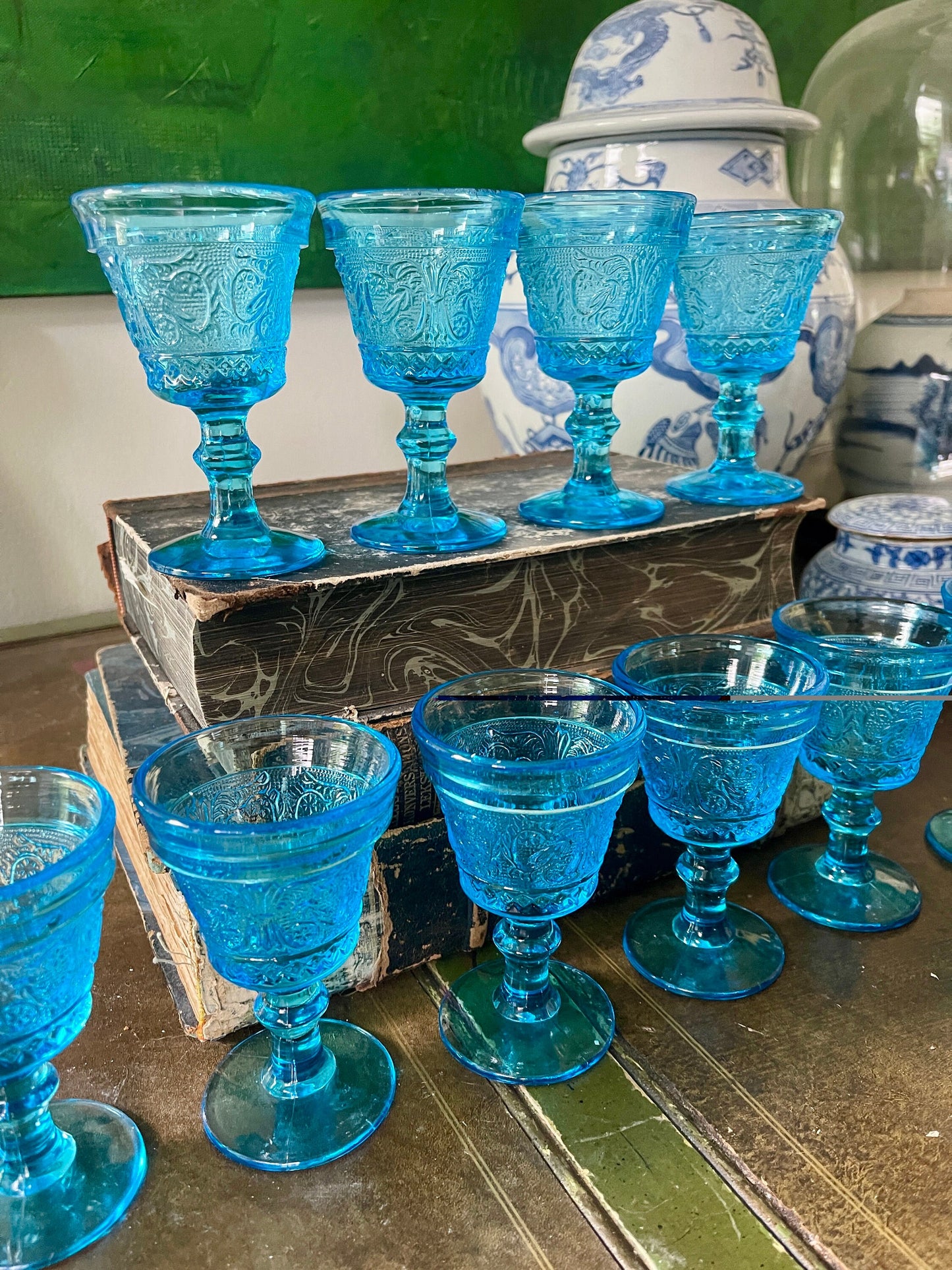 Set of Nine (9) Vintage Colony Blue Wine Glasses or Juice Glasses