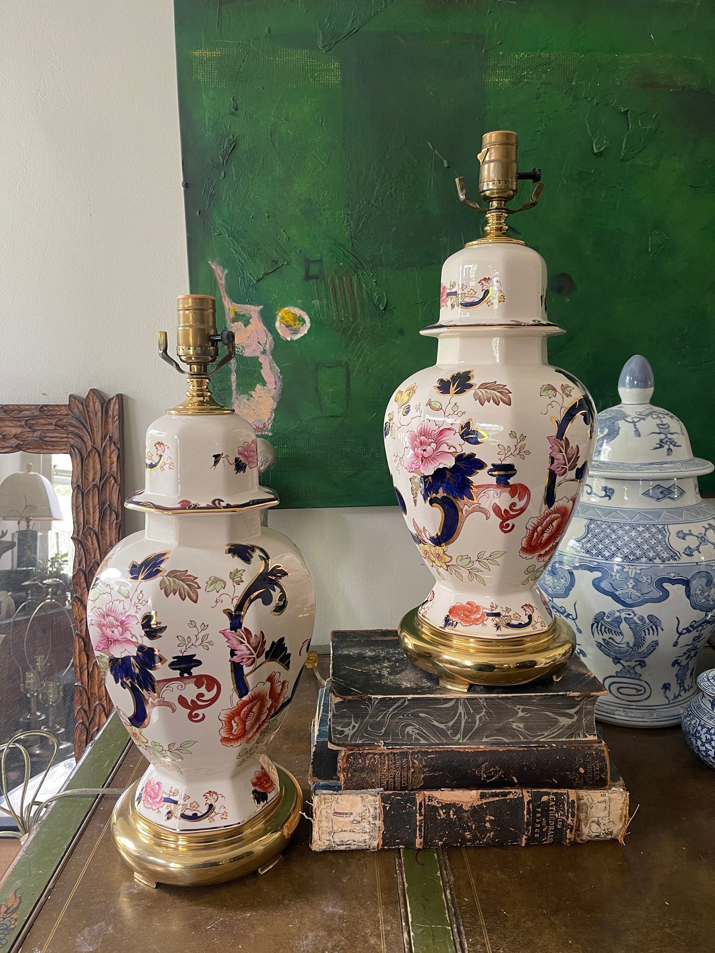 Pair of Vintage Masons English Chinoiserie Ginger Jar Lamps