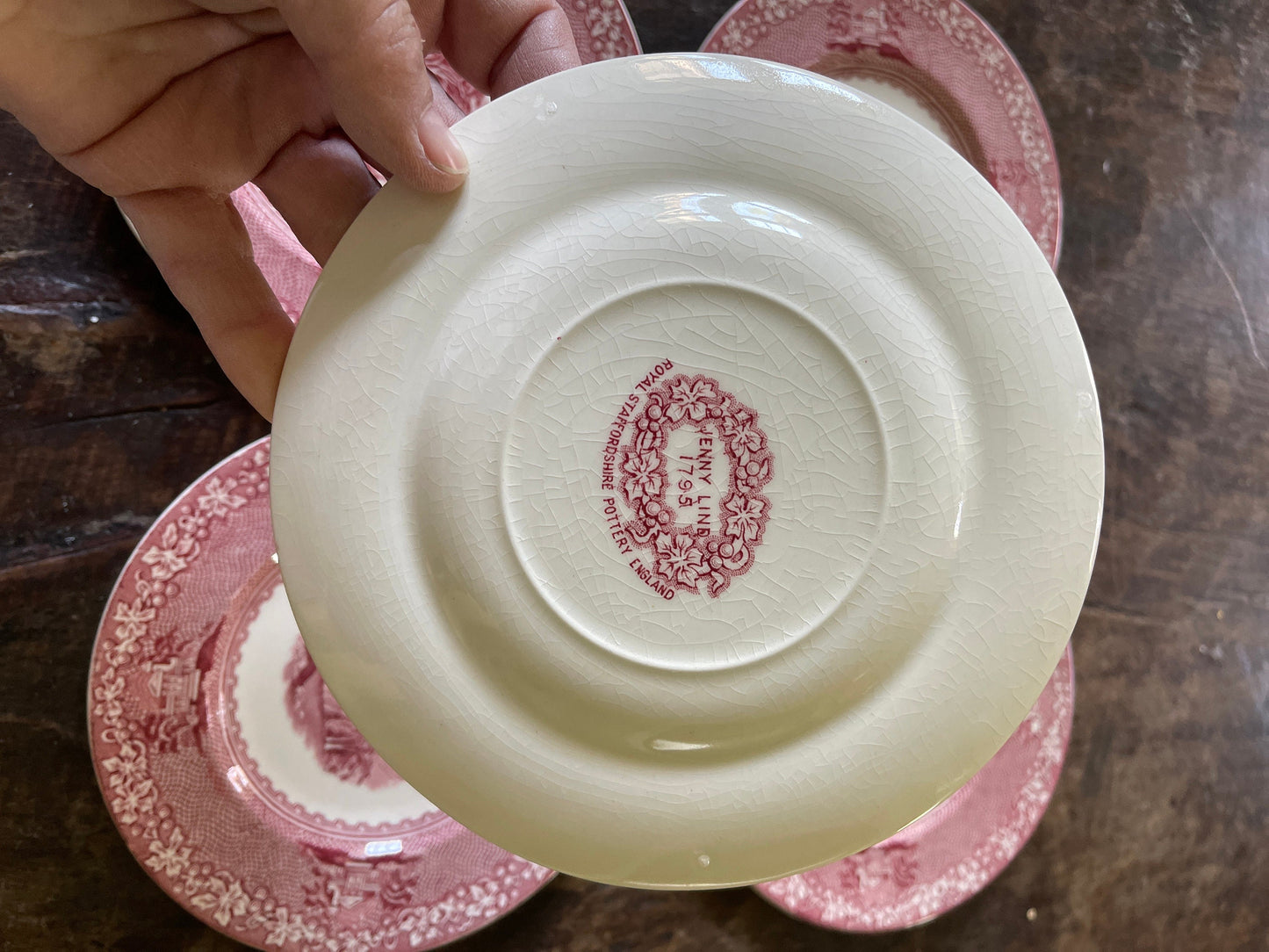 Set of Five (5) Pink and White English Transferware in Jenny Lind 6.5” Plates