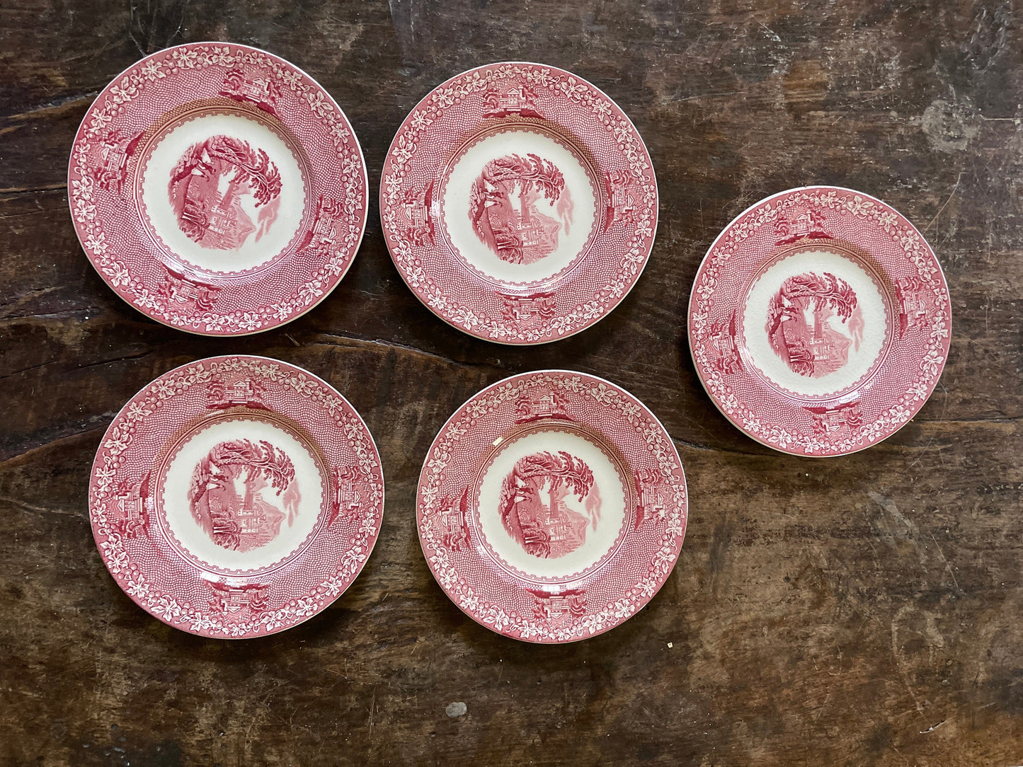 Set of Five (5) Pink and White English Transferware in Jenny Lind 6.5” Plates