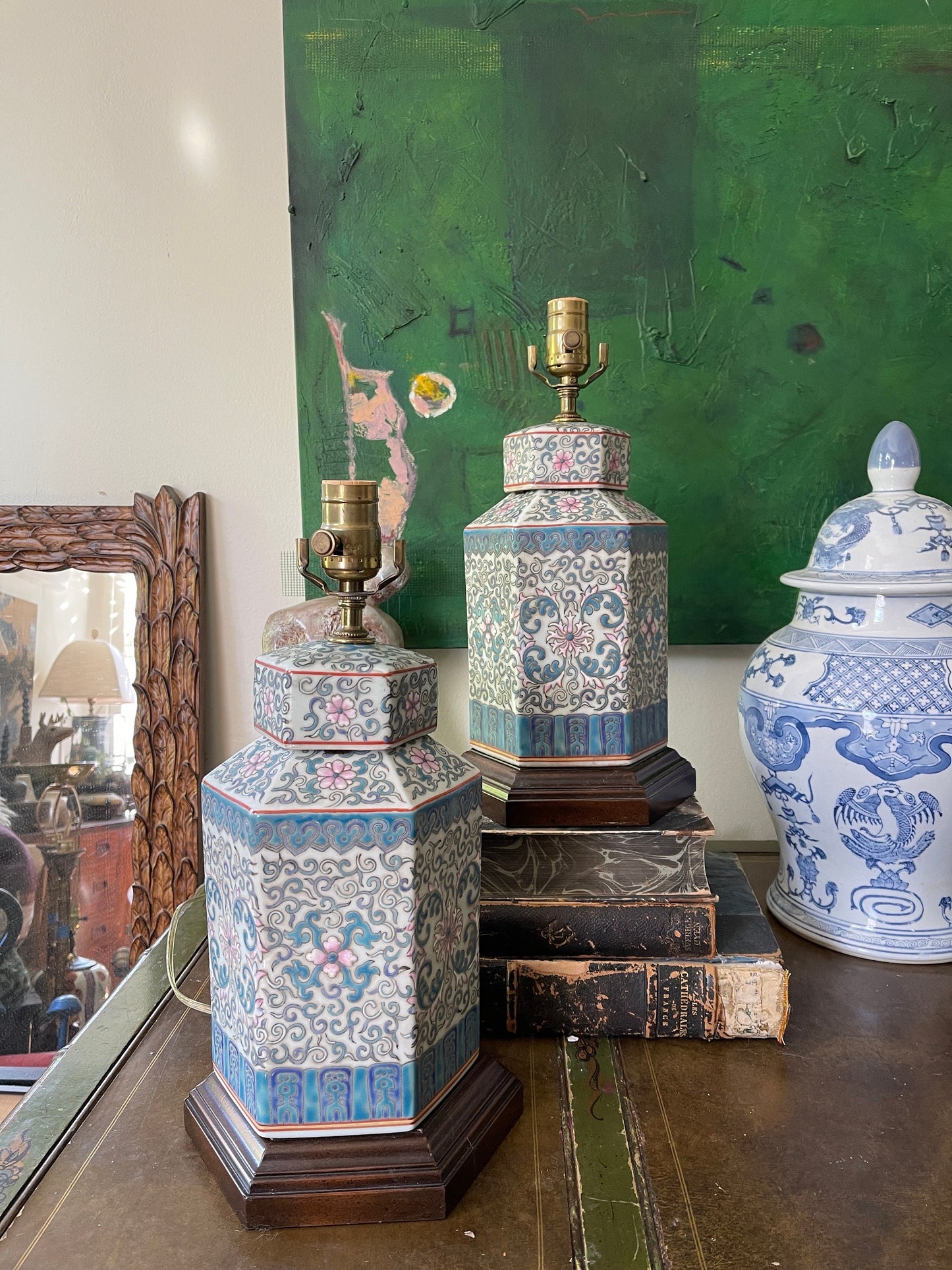 Pair of Hampshire House Blue Floral Chinoiserie Ginger Jar Lamps