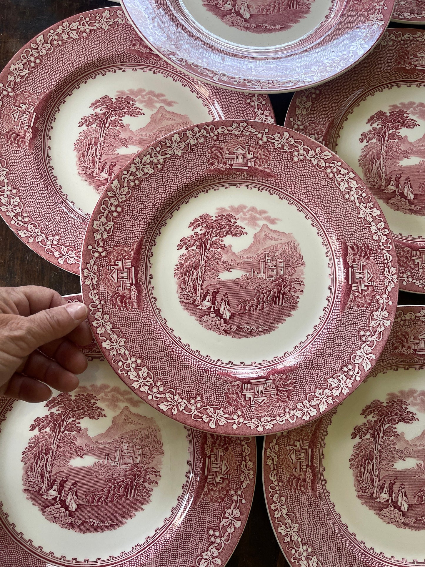 Set of Eight (8) Pink and White Royal Staffordshire English Transferware in Jenny Lind 10” Plates