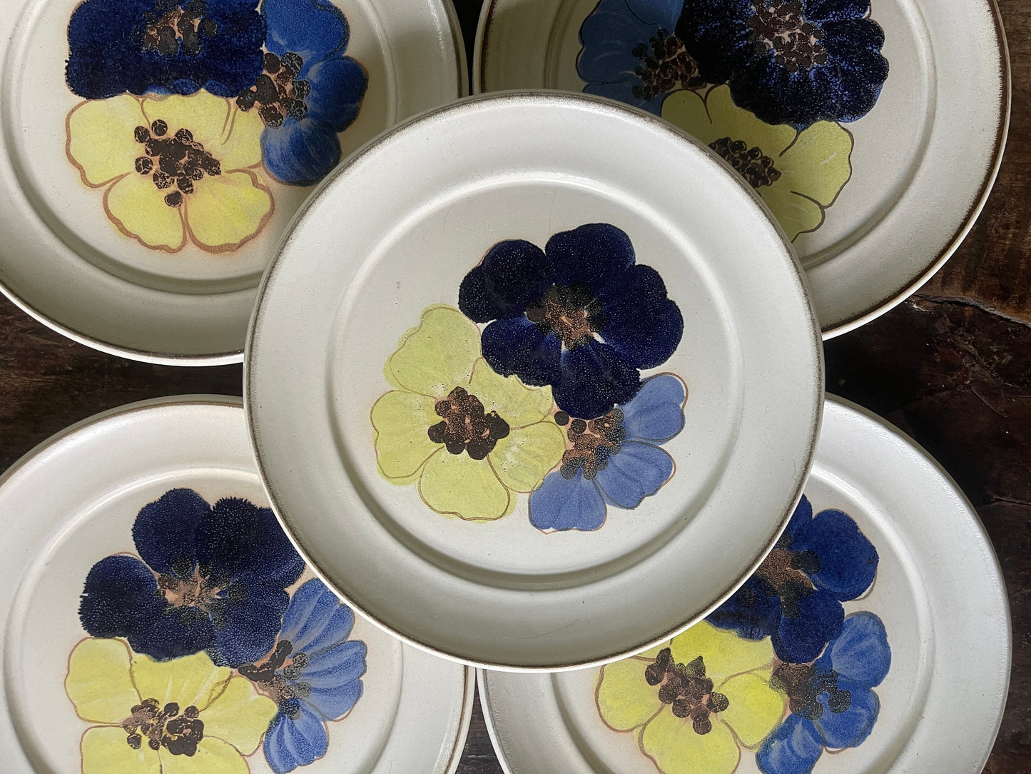 Set of Five (5) Vintage Denby Stoneware 8” Potpourri Blue Floral Hue Plates