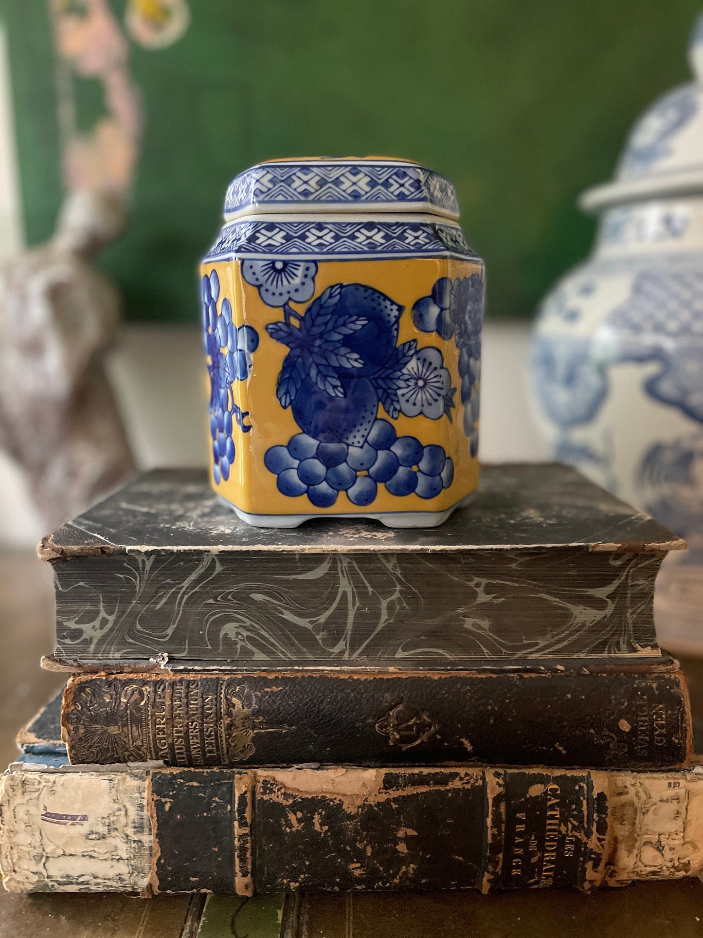 1990s Yellow and Blue Chinoiserie Ceramic Jar