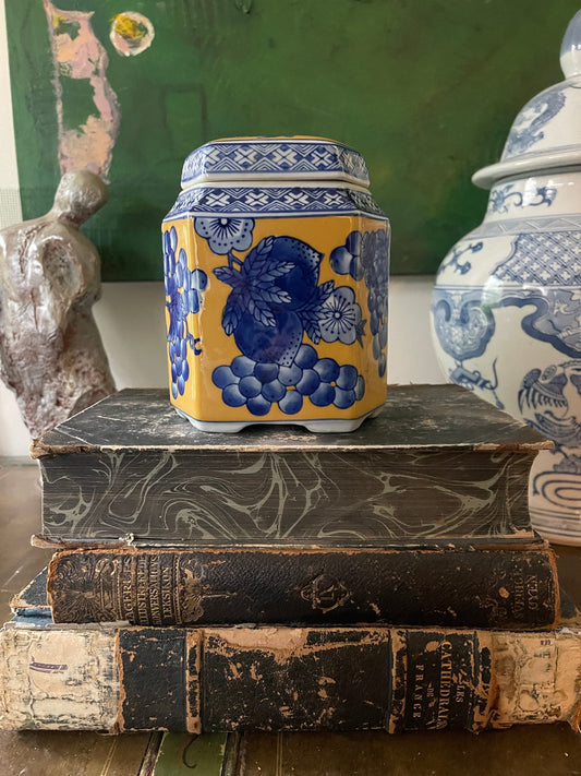 1990s Yellow and Blue Chinoiserie Ceramic Jar