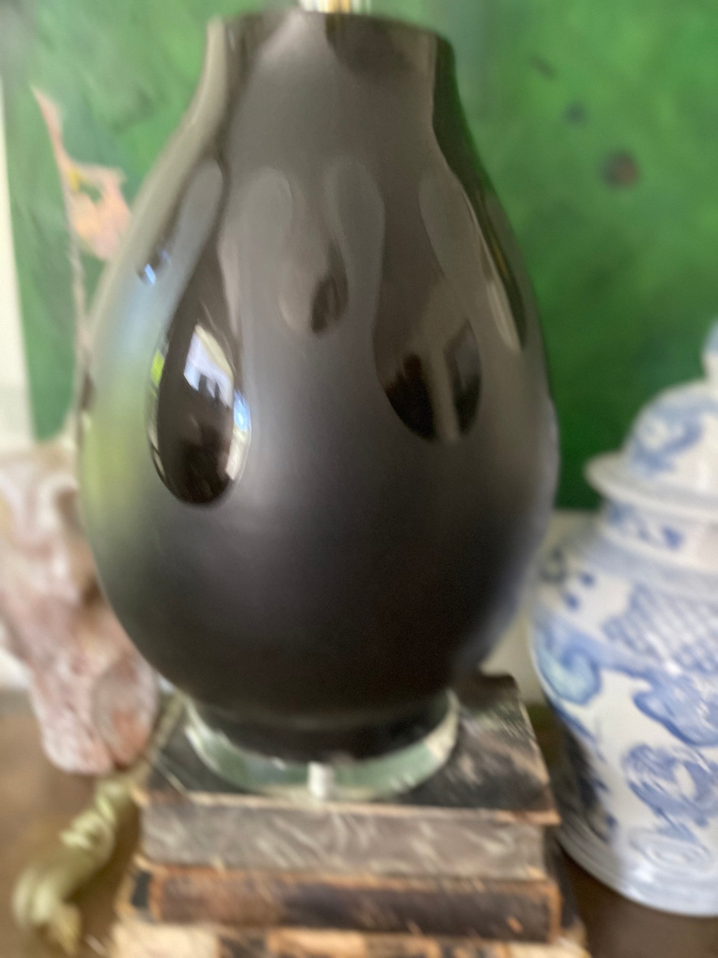 1980s Black Glossy Pottery Lamp on Lucite by Bauer