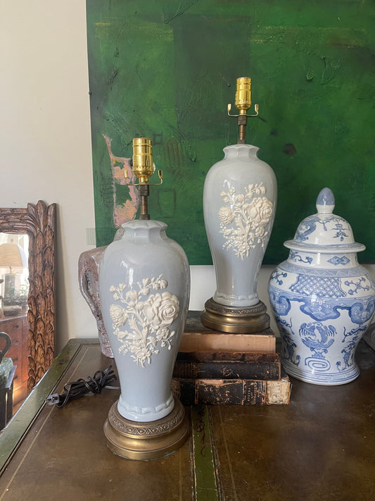 Pair of Antique Light Blue with Cream Floral Relief Table Lamps