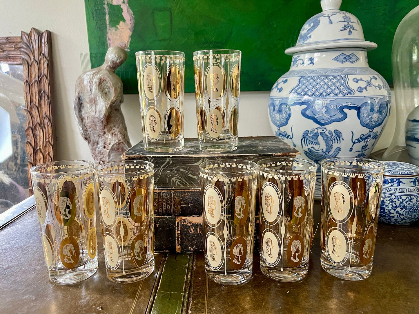 Set of Seven (7) MCM Gold Royal Ladies Cocktail Tall Boy Glasses or Tumblers