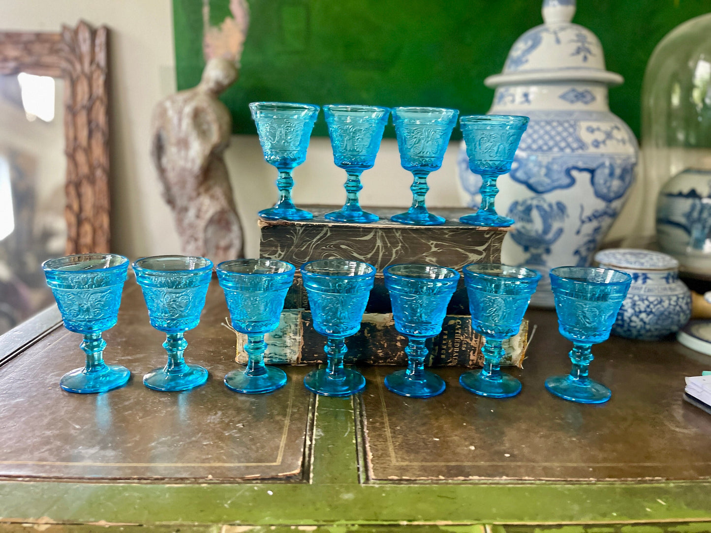 Set of Nine (9) Vintage Colony Blue Wine Glasses or Juice Glasses