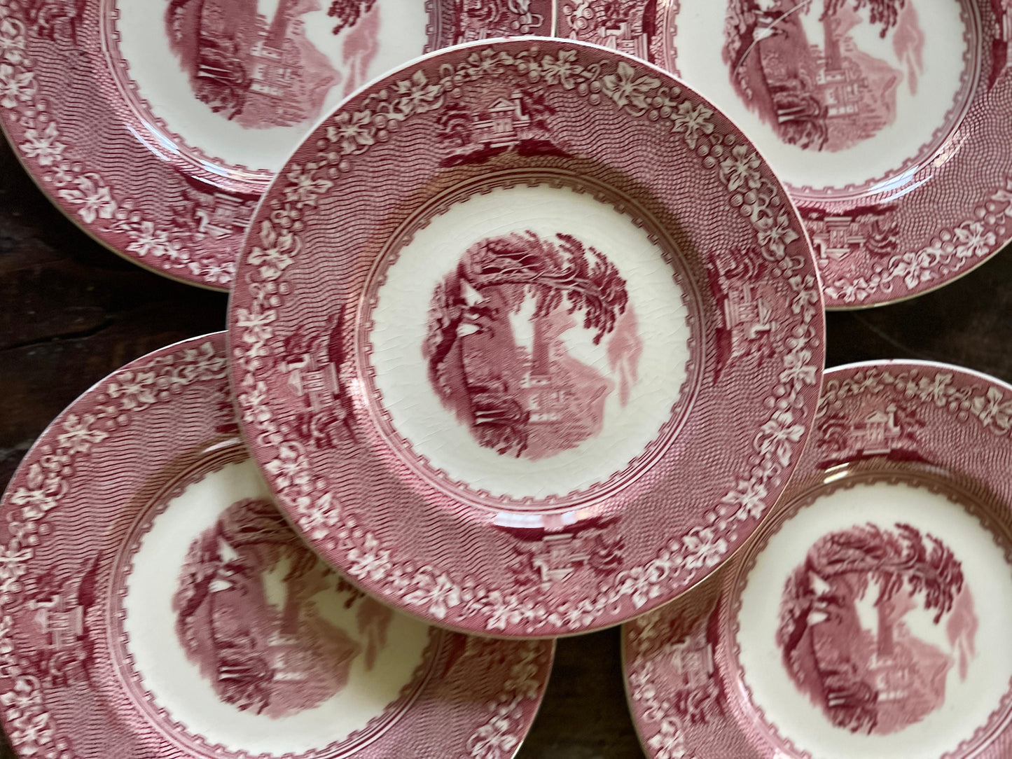 Set of Five (5) Pink and White English Transferware in Jenny Lind 6.5” Plates