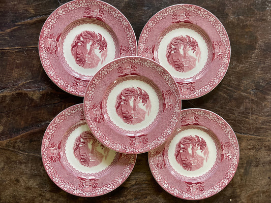 Set of Five (5) Pink and White English Transferware in Jenny Lind 6.5” Plates