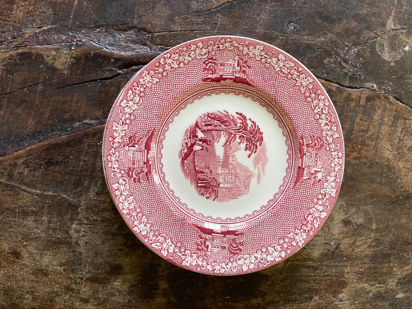 Set of Five (5) Pink and White English Transferware in Jenny Lind 6.5” Plates