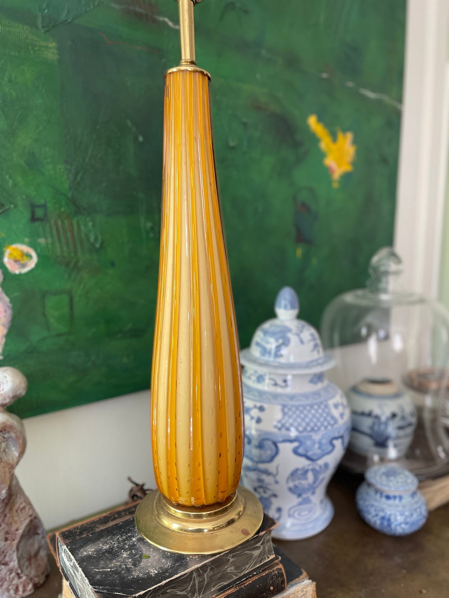 MCM Handblown Amber Ribbed Glass Lamp