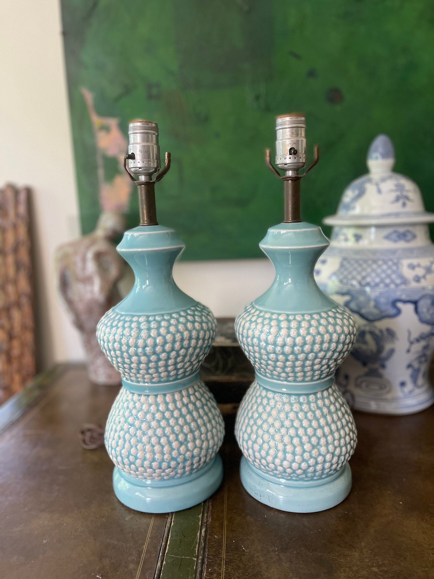 Pair of MCM Sky Blue and White Lamps