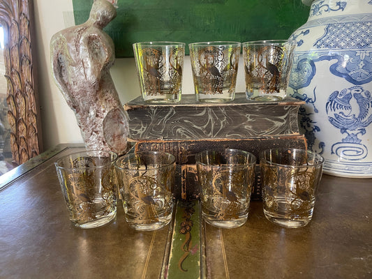 Set of Seven (7) MCM Gold Osborne Kemper Thomas Peacock Whiskey Glasses Barware