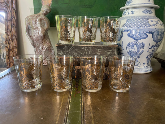 Set of Seven (7) MCM Gold Osborne Kemper Thomas Peacock 4 3/8” tall Whiskey Glasses Barware