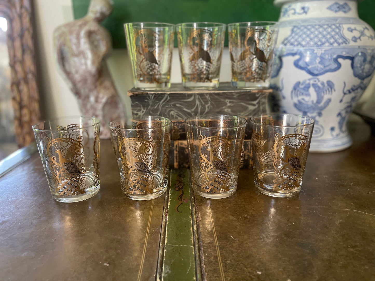 Set of Seven (7) MCM Gold Osborne Kemper Thomas Peacock 4 3/8” tall Whiskey Glasses Barware