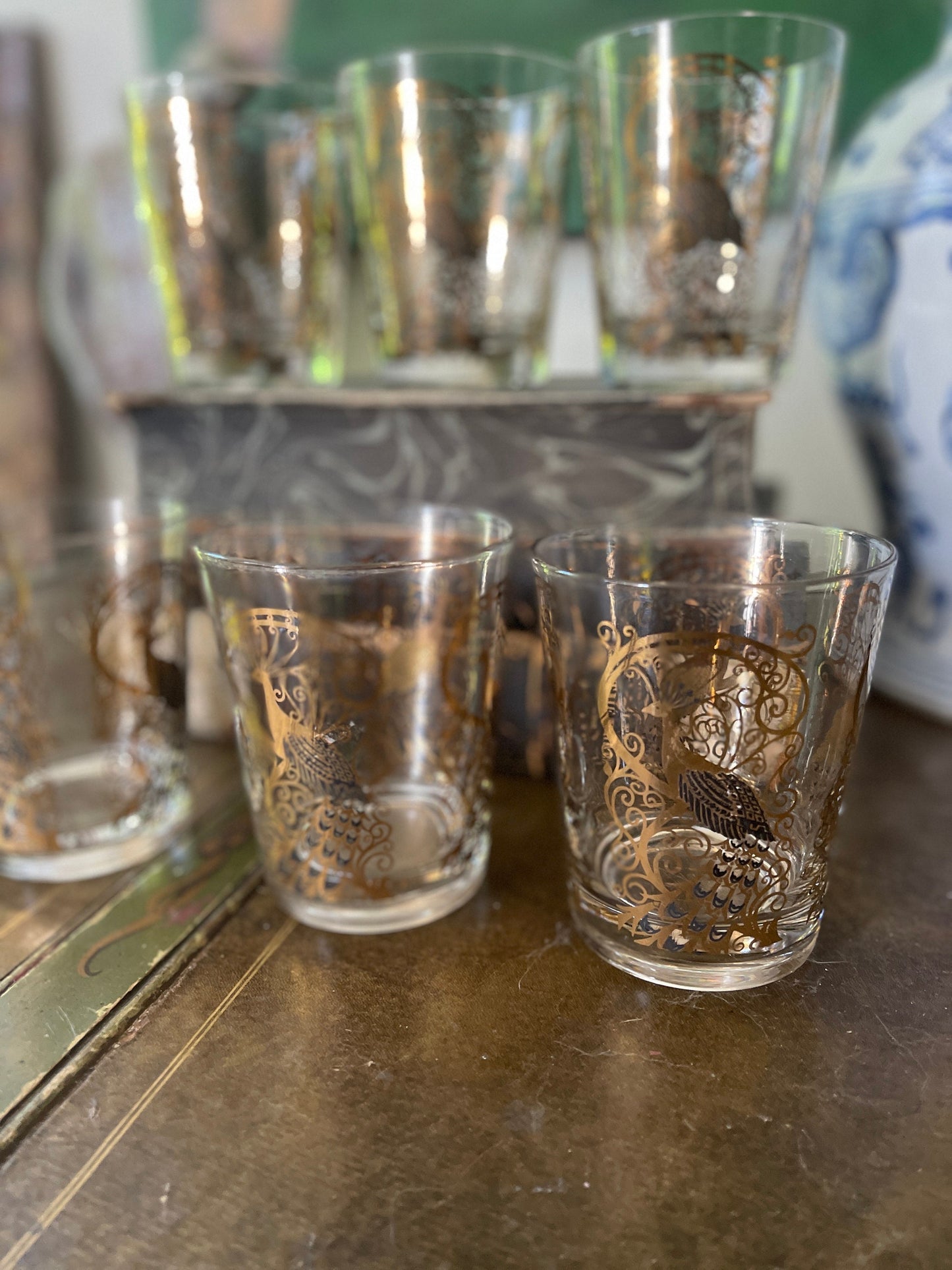 Set of Seven (7) MCM Gold Osborne Kemper Thomas Peacock 4 3/8” tall Whiskey Glasses Barware