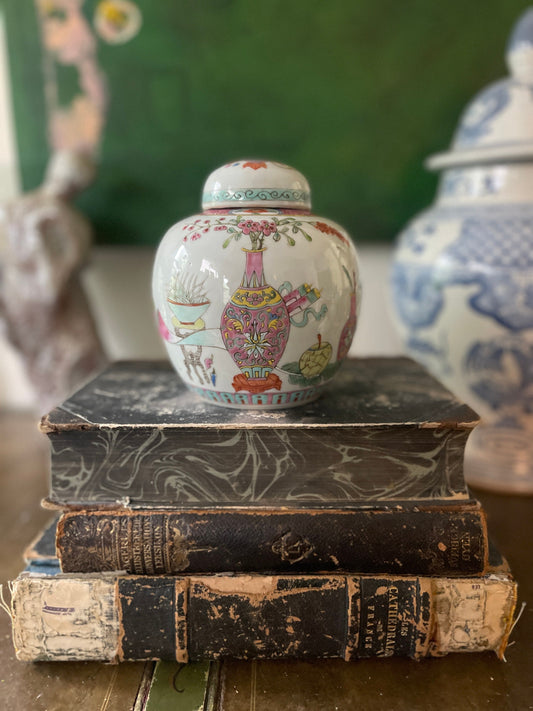 Vintage Pink and White Small Chinoiserie 6” Ginger Jar Tea Canister