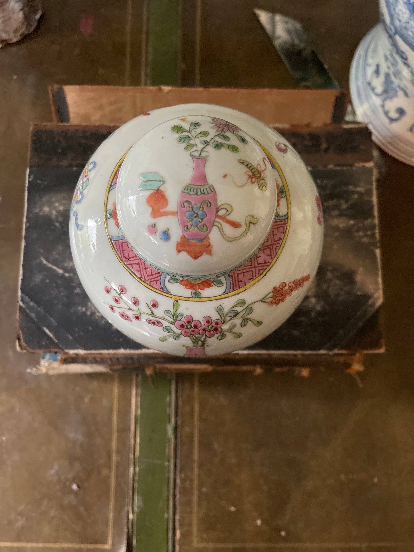 Vintage Pink and White Small Chinoiserie 6” Ginger Jar Tea Canister