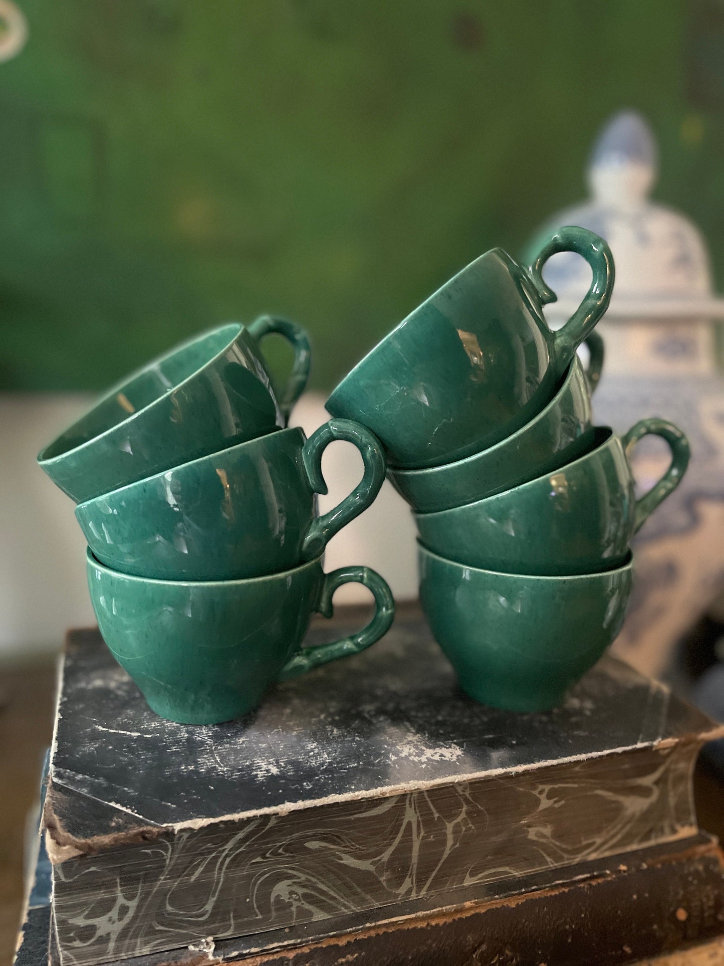 Collection of MCM Green Speckled Teacups and Sugar Bowl