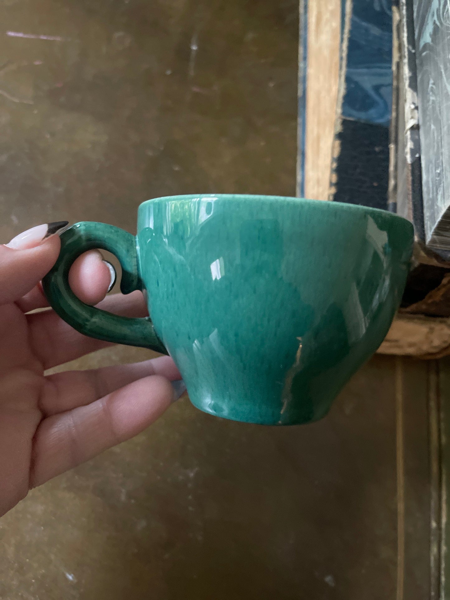 Collection of MCM Green Speckled Teacups and Sugar Bowl