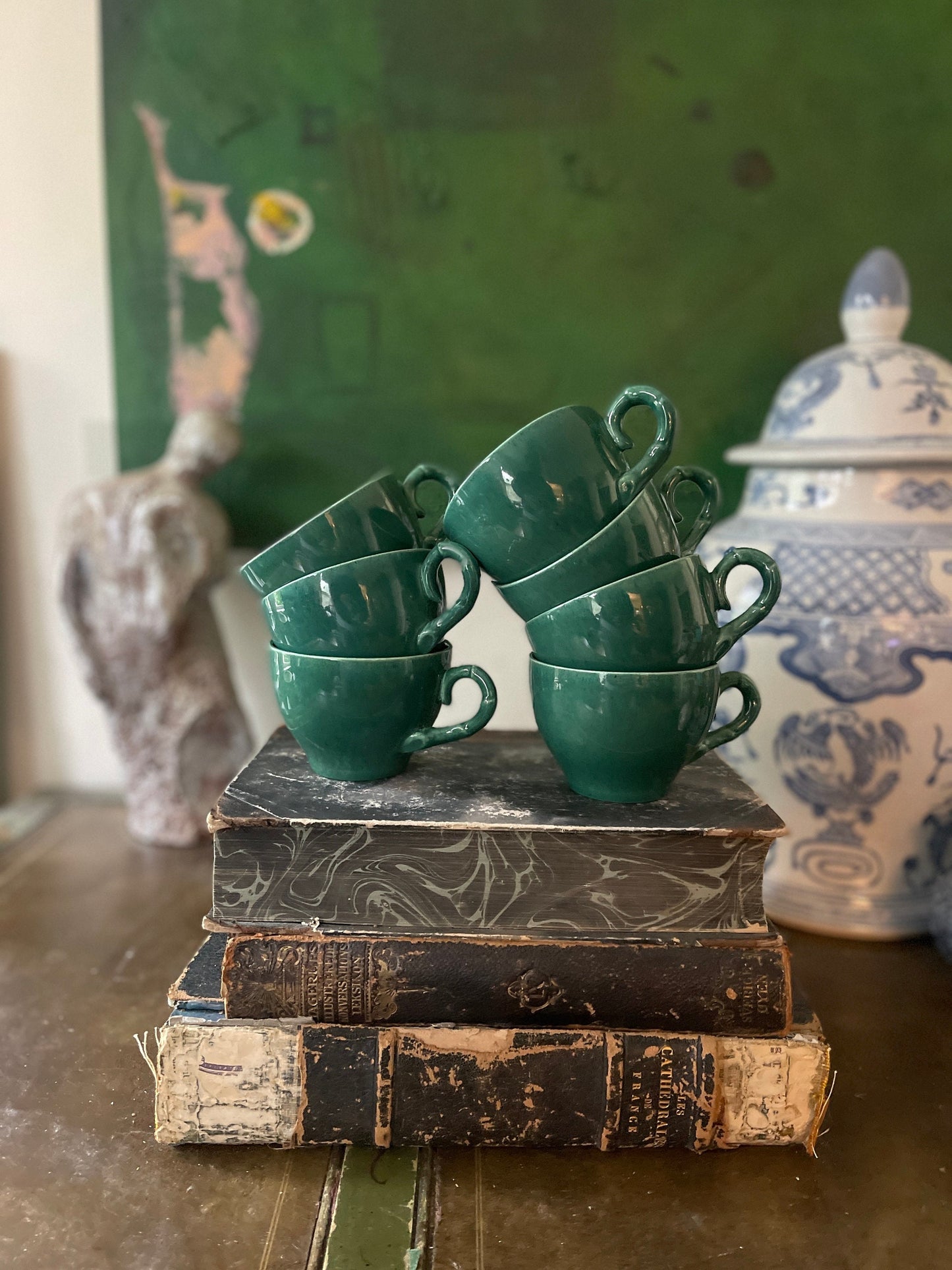 Collection of MCM Green Speckled Teacups and Sugar Bowl