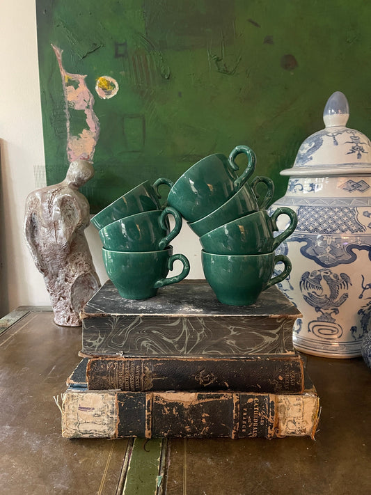 Collection of MCM Green Speckled Teacups and Sugar Bowl