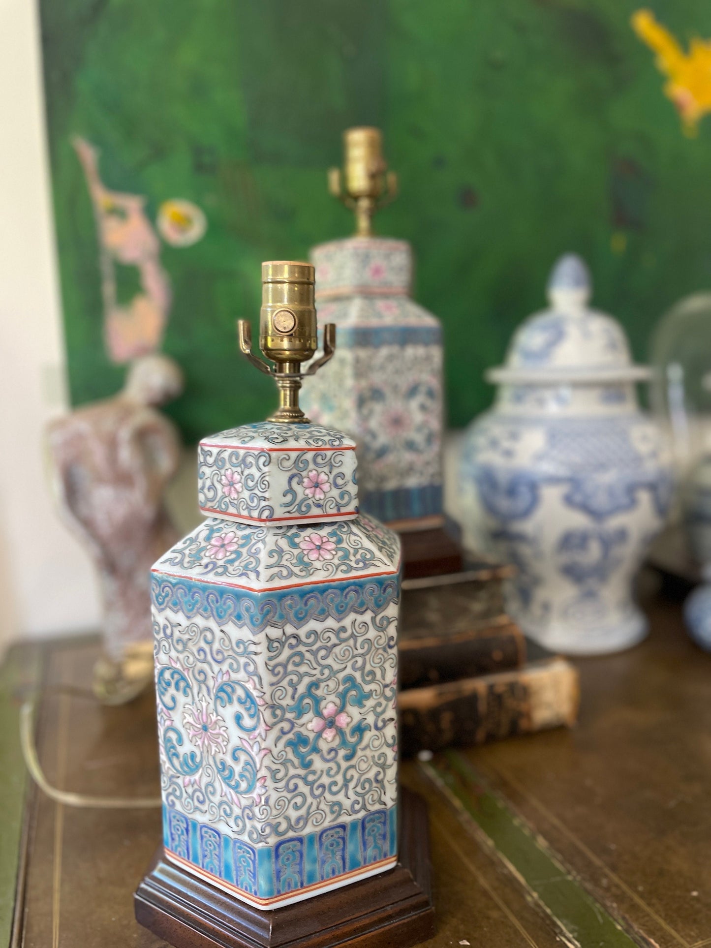 Pair of Hampshire House Blue Floral Chinoiserie Ginger Jar Lamps