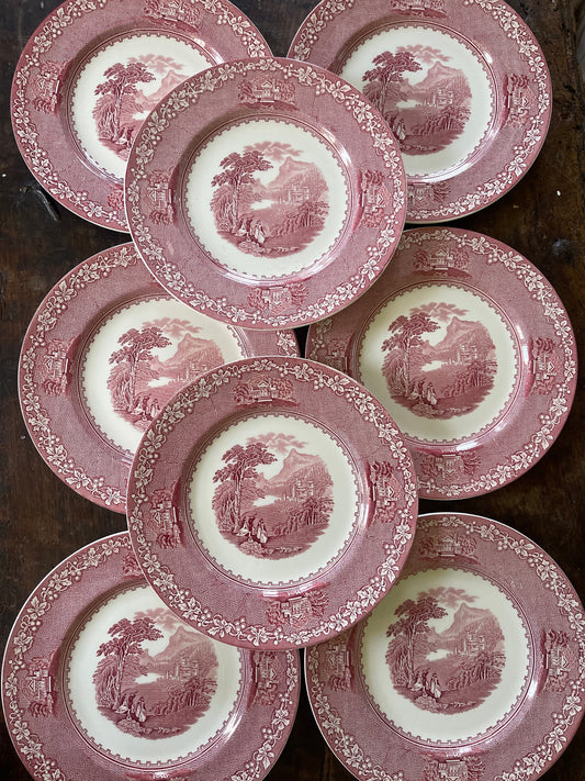 Set of Eight (8) Pink and White Royal Staffordshire English Transferware in Jenny Lind 10” Plates