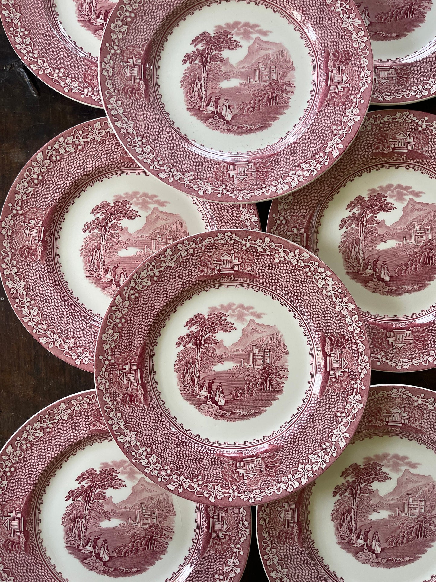 Set of Eight (8) Pink and White Royal Staffordshire English Transferware in Jenny Lind 10” Plates