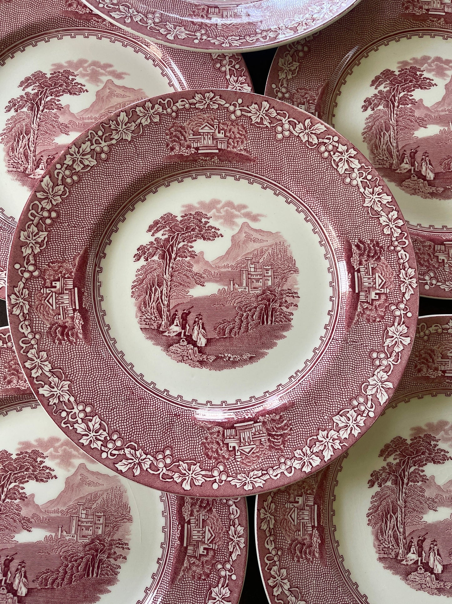 Set of Eight (8) Pink and White Royal Staffordshire English Transferware in Jenny Lind 10” Plates