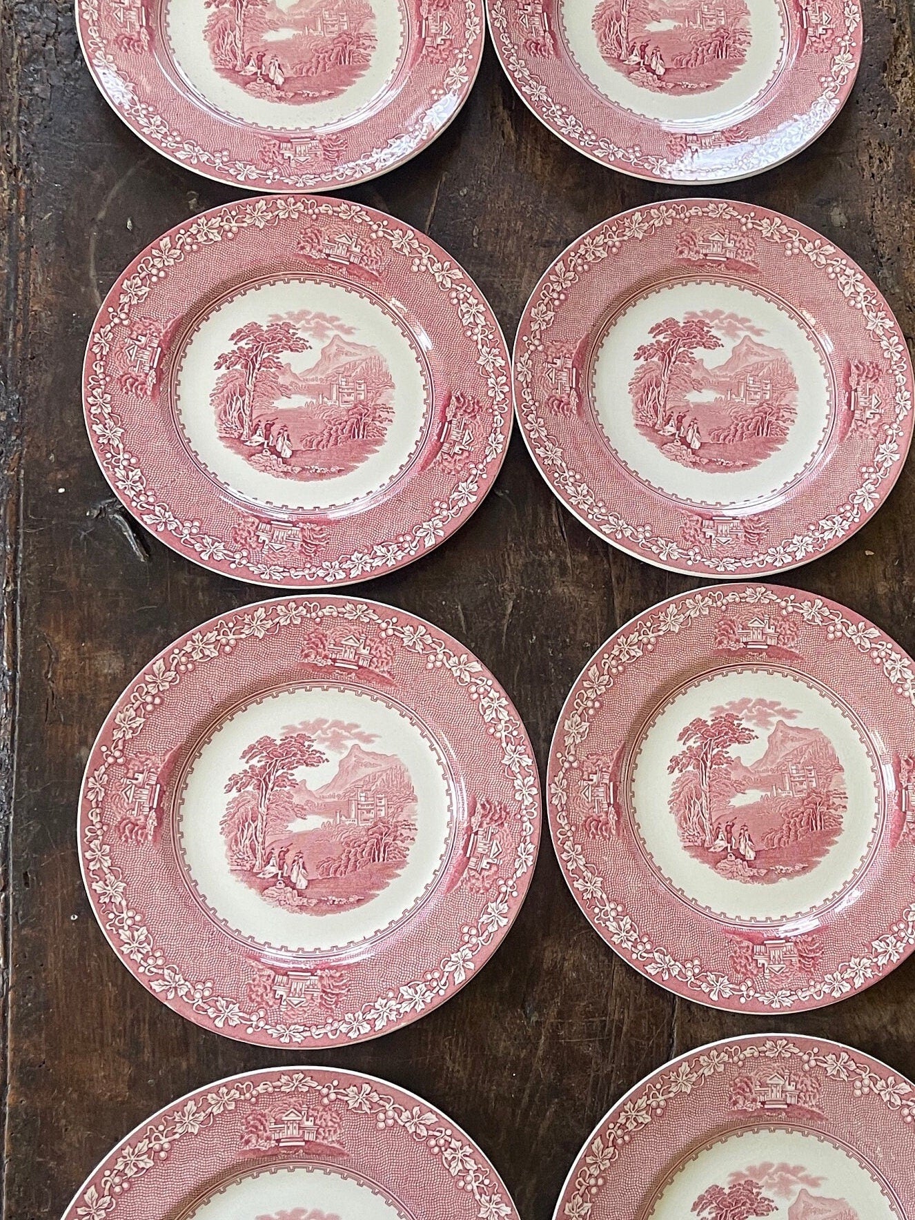 Set of Eight (8) Pink and White Royal Staffordshire English Transferware in Jenny Lind 10” Plates