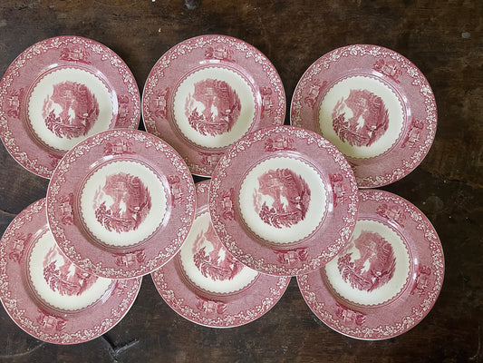 Set of Eight (8) Pink and White Royal Staffordshire English Transferware in Jenny Lind 8” Plates