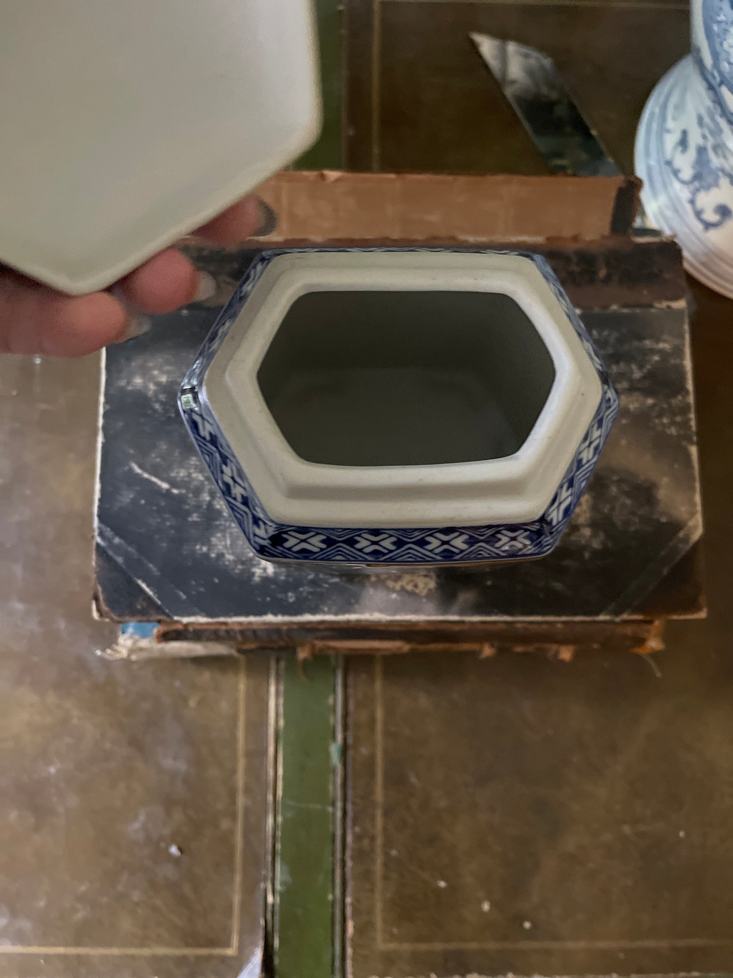 1990s Yellow and Blue Chinoiserie Ceramic Jar