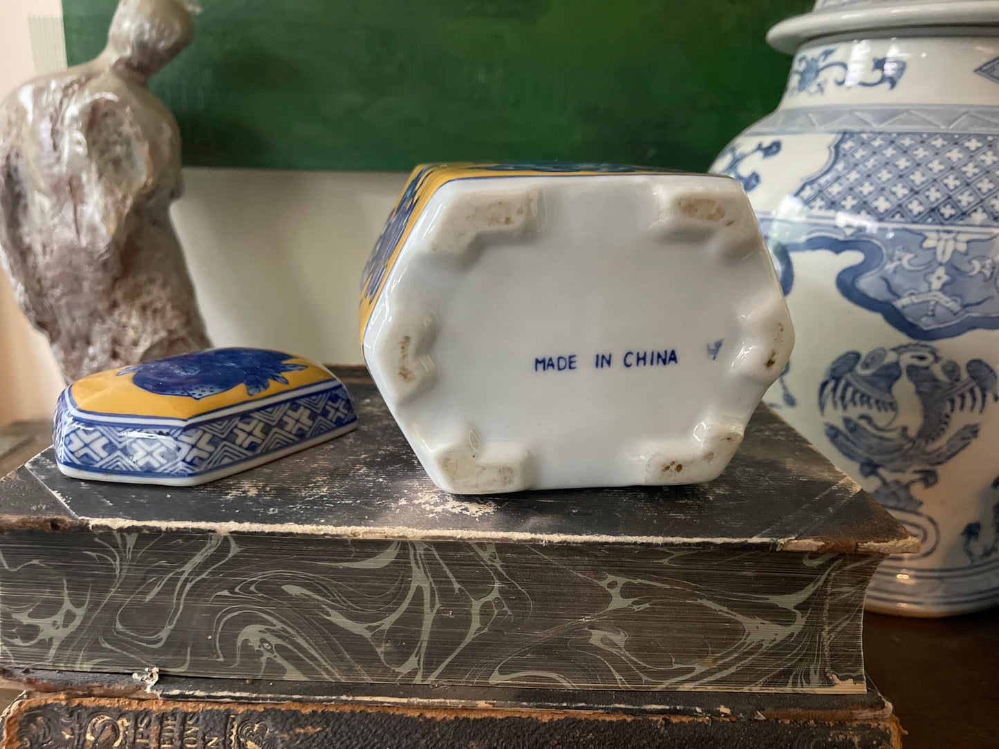 1990s Yellow and Blue Chinoiserie Ceramic Jar