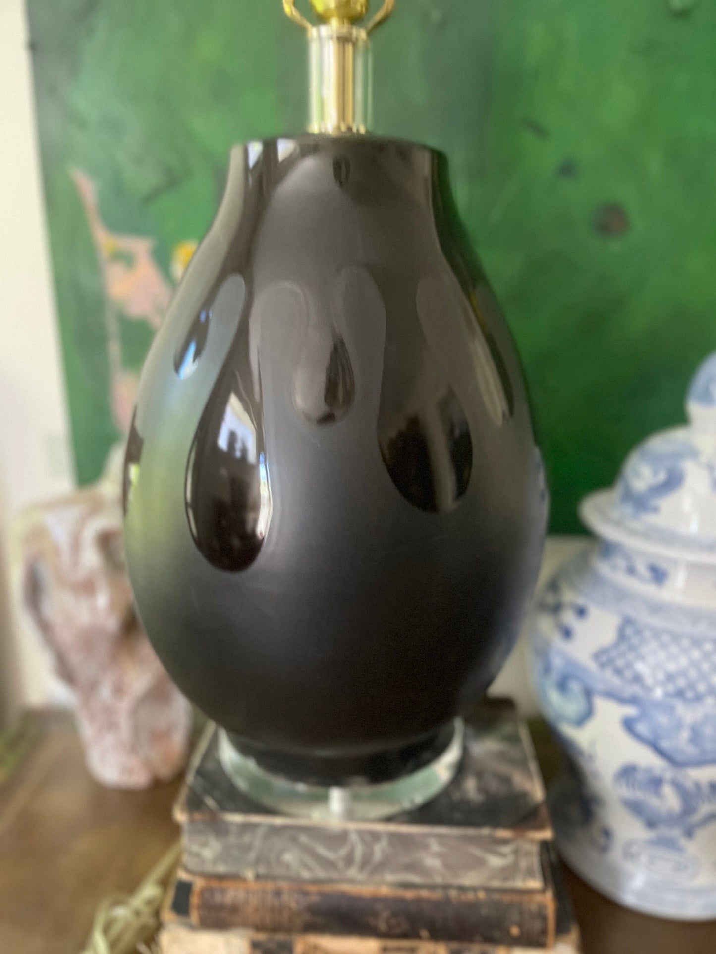 1980s Black Glossy Pottery Lamp on Lucite by Bauer