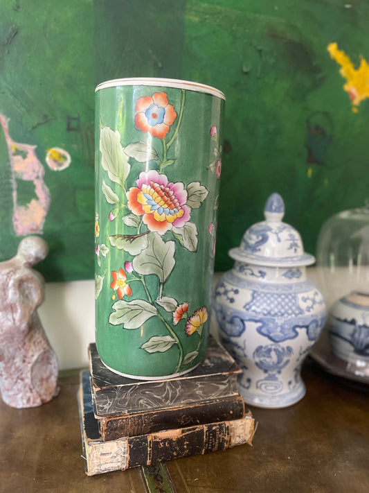 Vintage Geeen Floral Chinoiserie Umbrella Stand