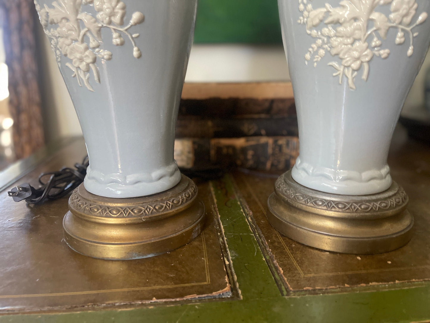 Pair of Antique Light Blue with Cream Floral Relief Table Lamps