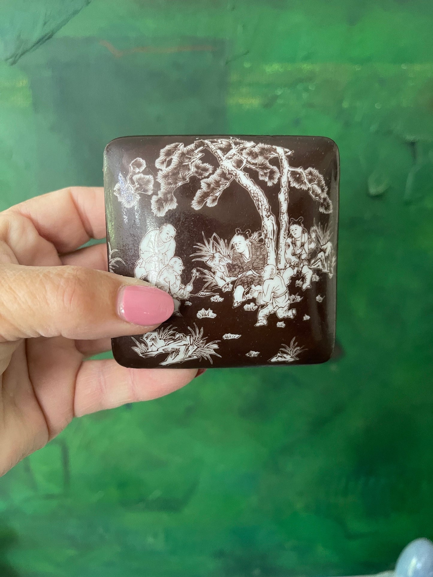 Brown and White Asian Ceramic Trinket Jar