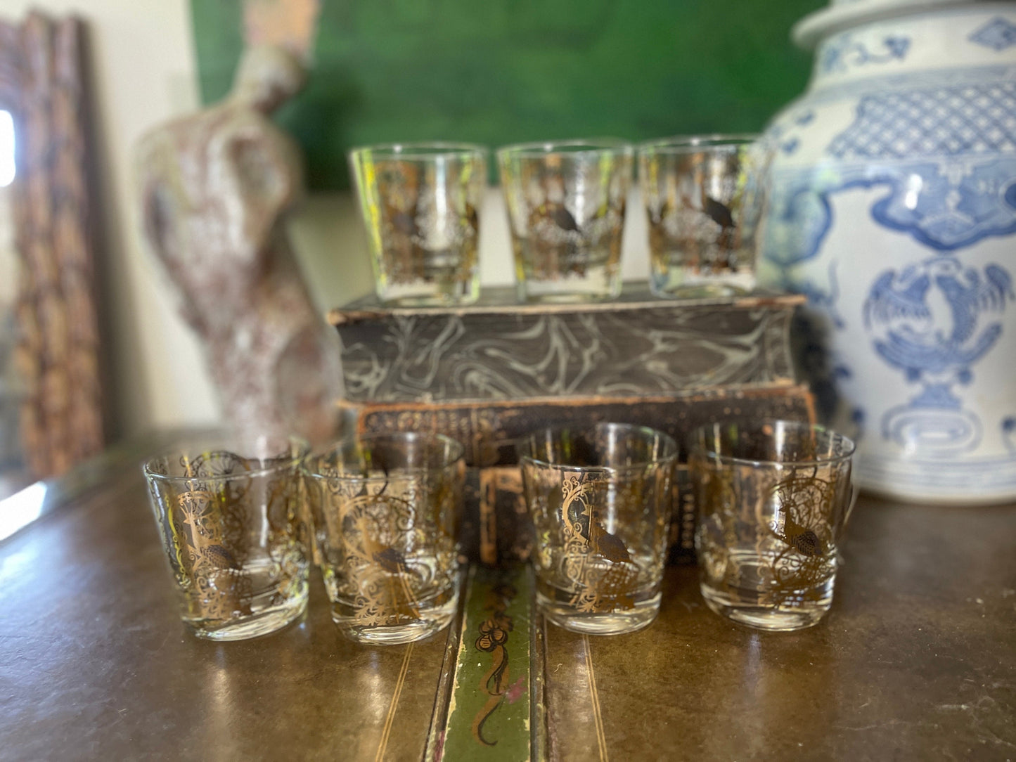 Set of Seven (7) MCM Gold Osborne Kemper Thomas Peacock Whiskey Glasses Barware