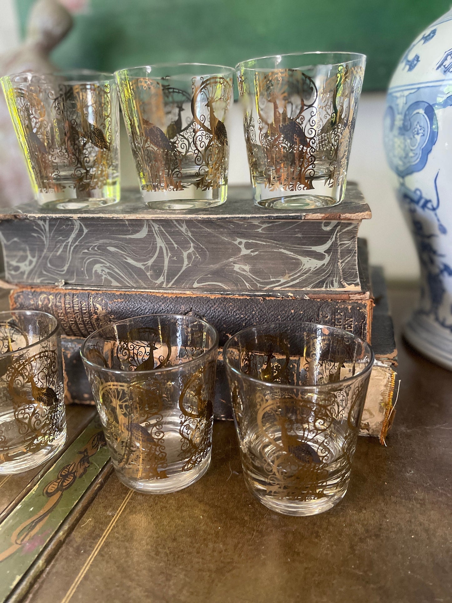 Set of Seven (7) MCM Gold Osborne Kemper Thomas Peacock Whiskey Glasses Barware