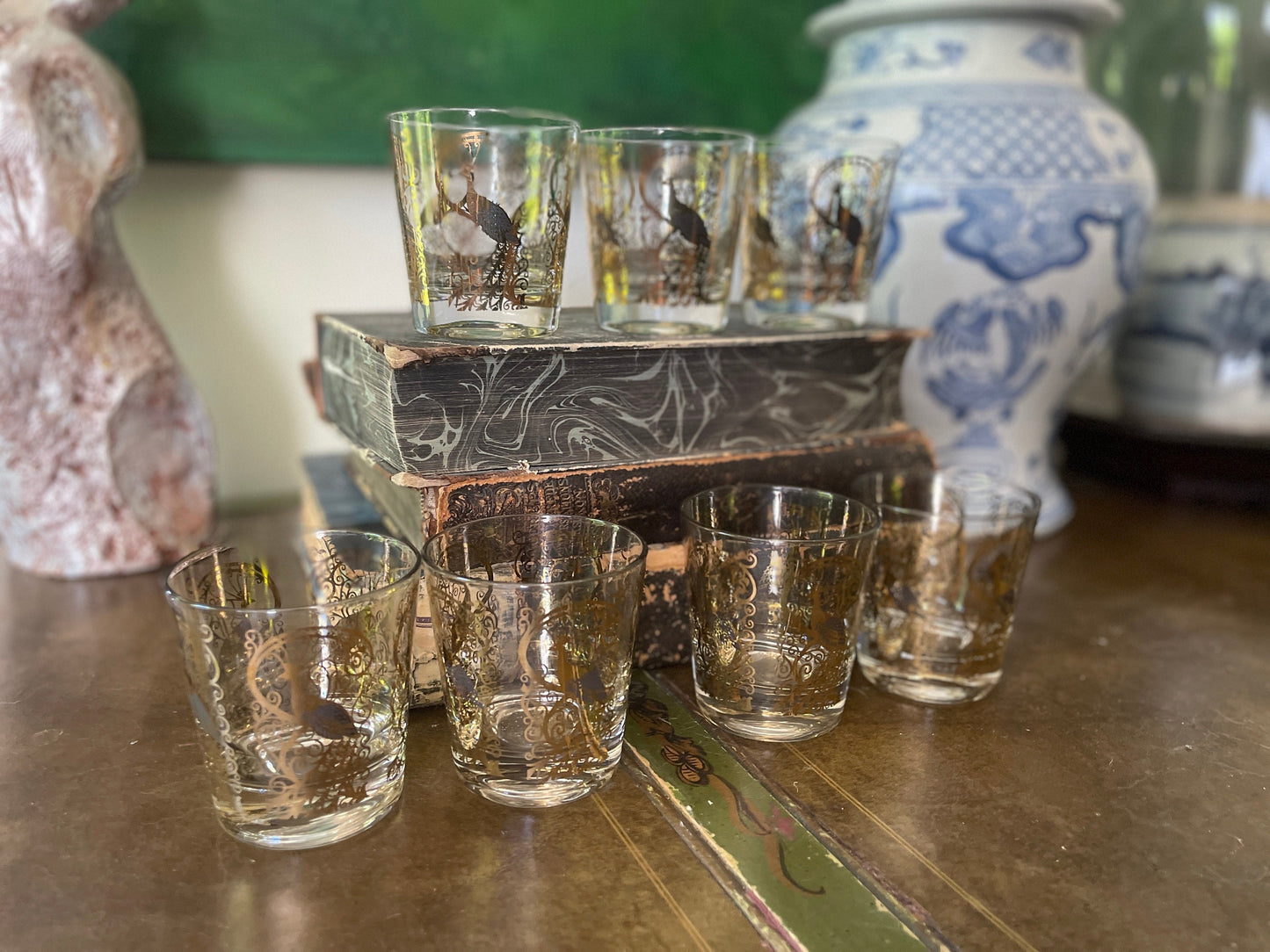 Set of Seven (7) MCM Gold Osborne Kemper Thomas Peacock Whiskey Glasses Barware