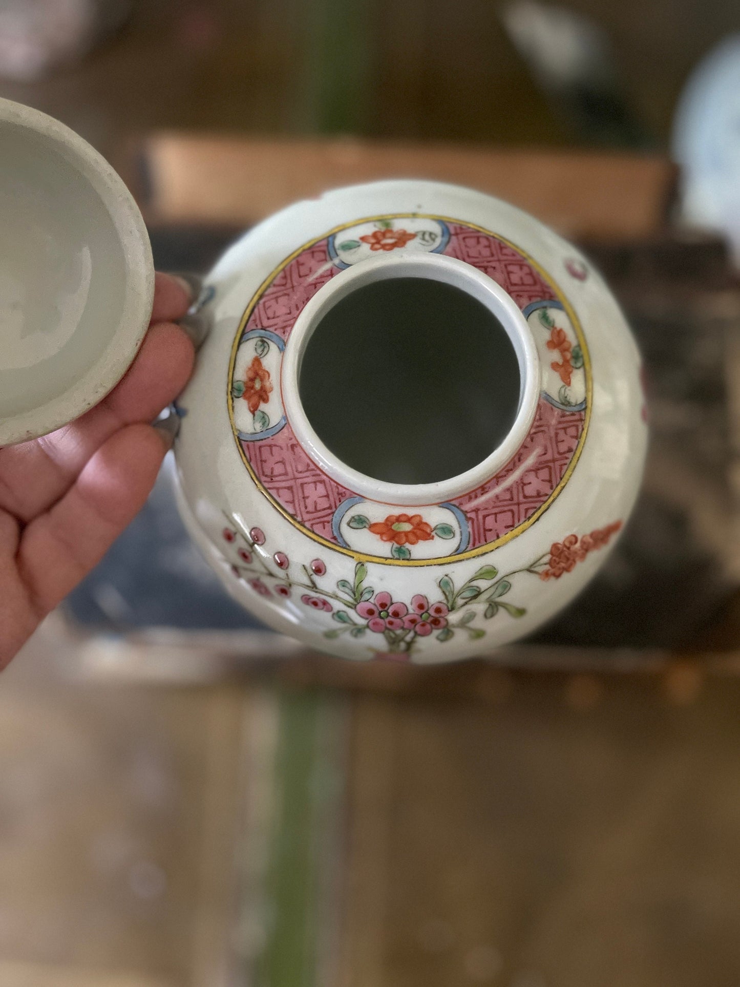 Vintage Pink and White Small Chinoiserie 6” Ginger Jar Tea Canister