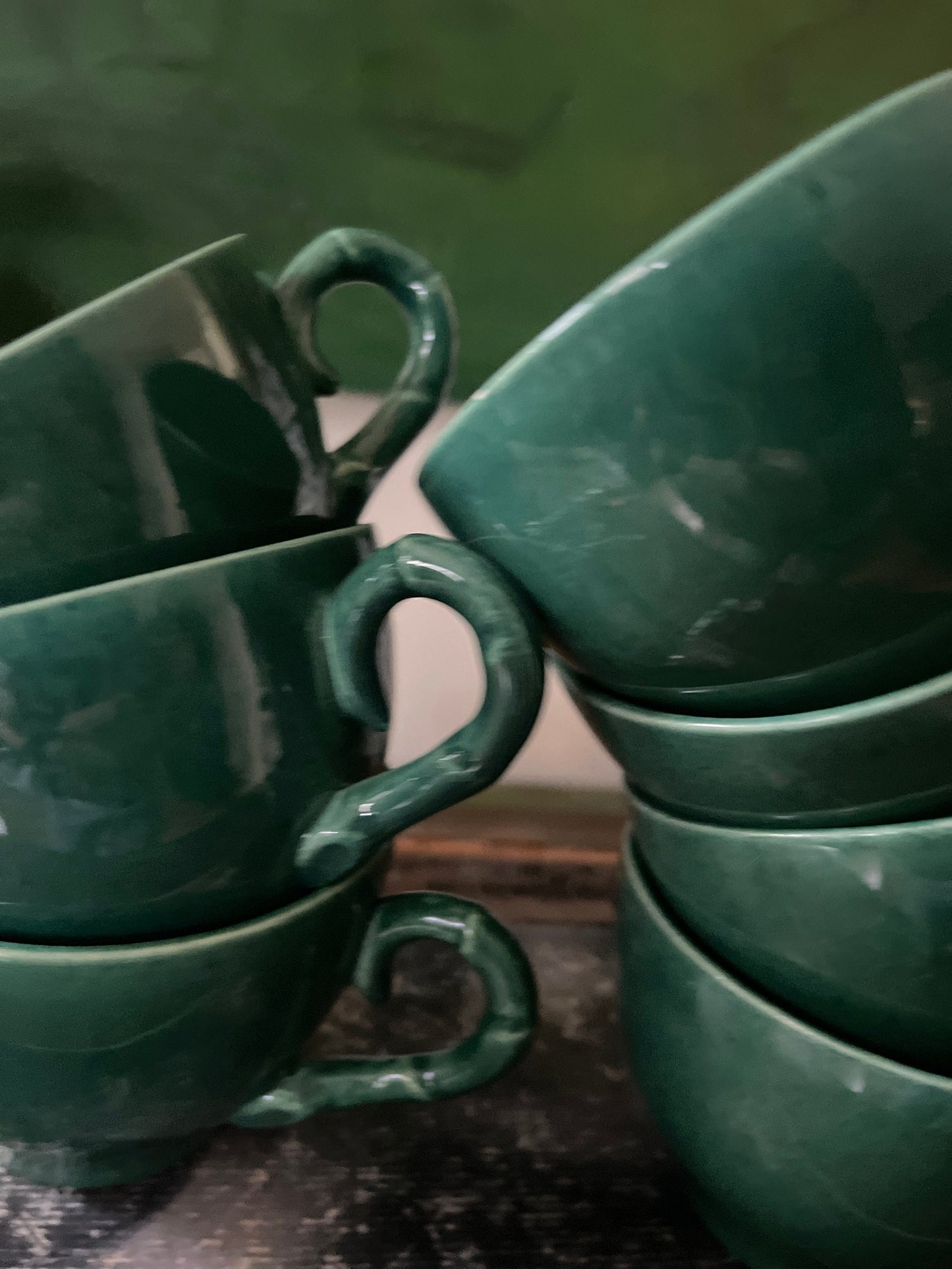 Collection of MCM Green Speckled Teacups and Sugar Bowl